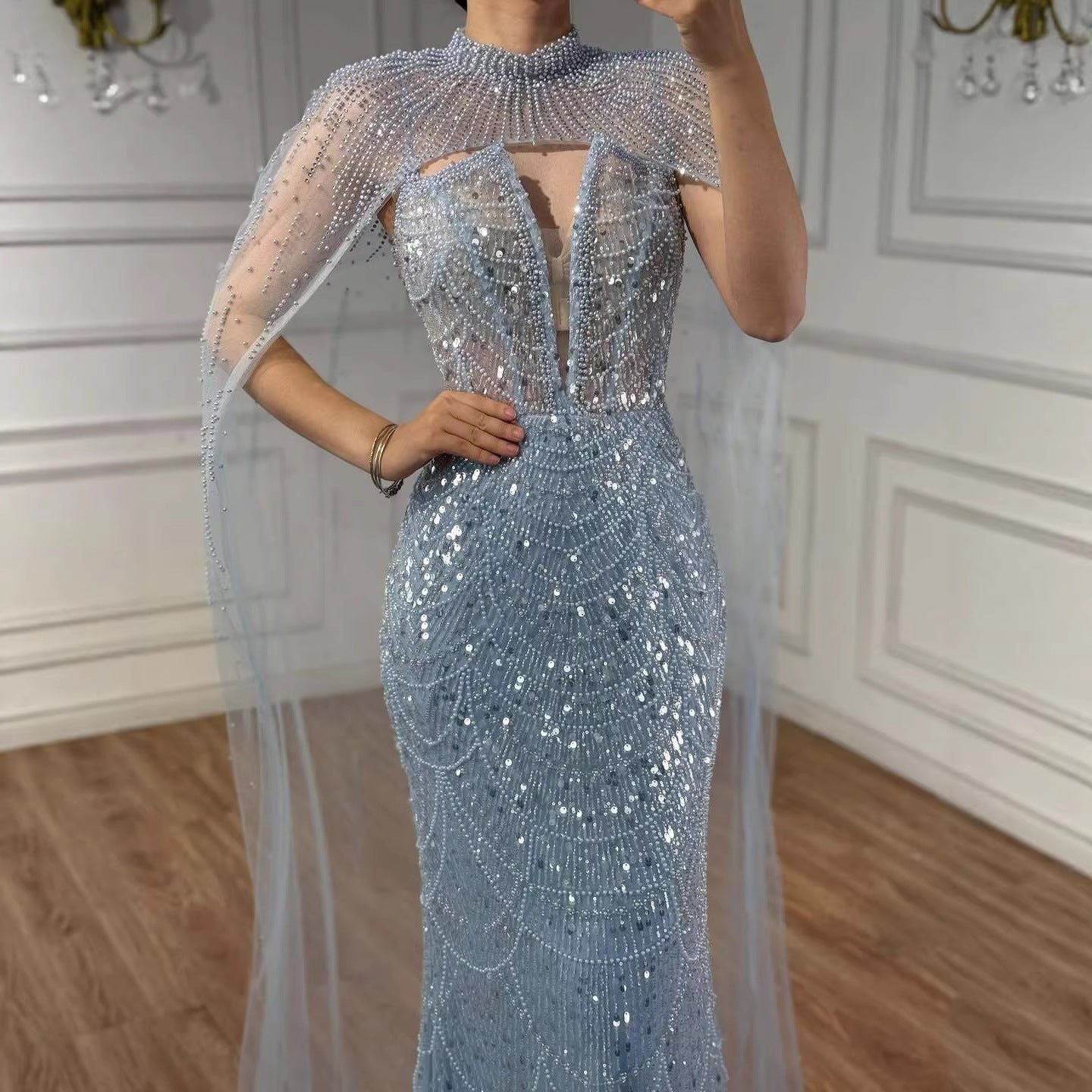 Luxury Evening Dress Nude Pearls Beaded Gown With Tulle Train