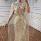 Luxury Evening Dress Nude Pearls Beaded Gown With Tulle Train