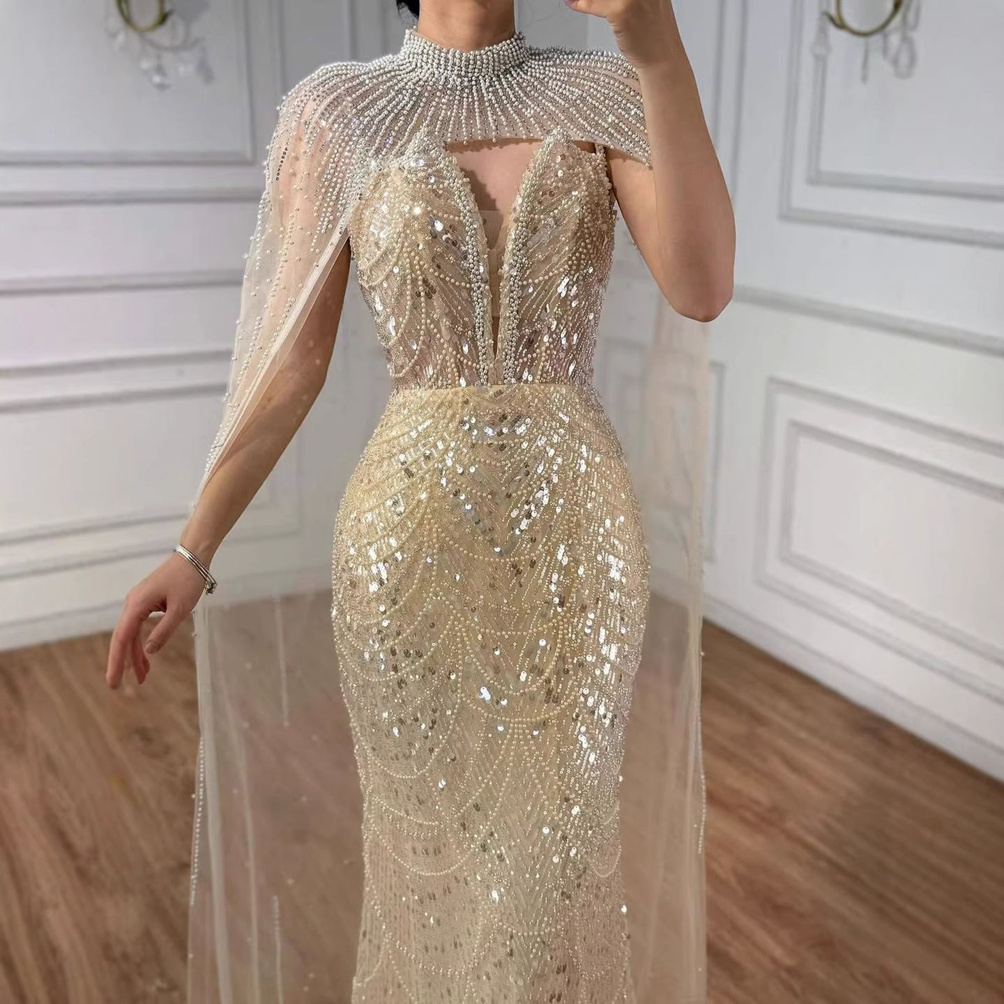Luxury Evening Dress Nude Pearls Beaded Gown With Tulle Train