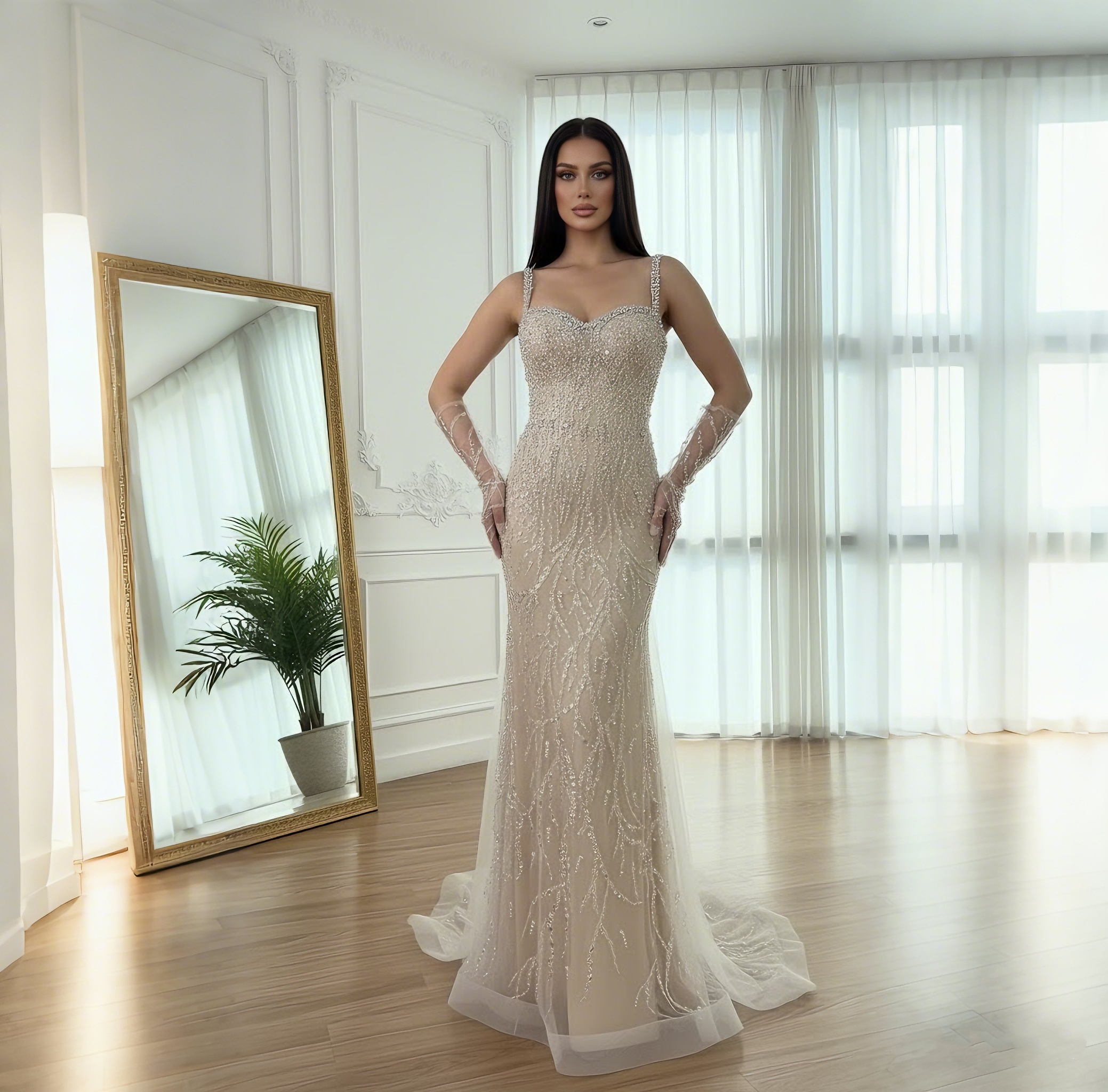 Luxury Lace Pearls Mermaid Evening Dress With Glove White Nude