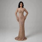 Luxury Arabic Lace Beaded Mermaid Evening Dress with Sleeves