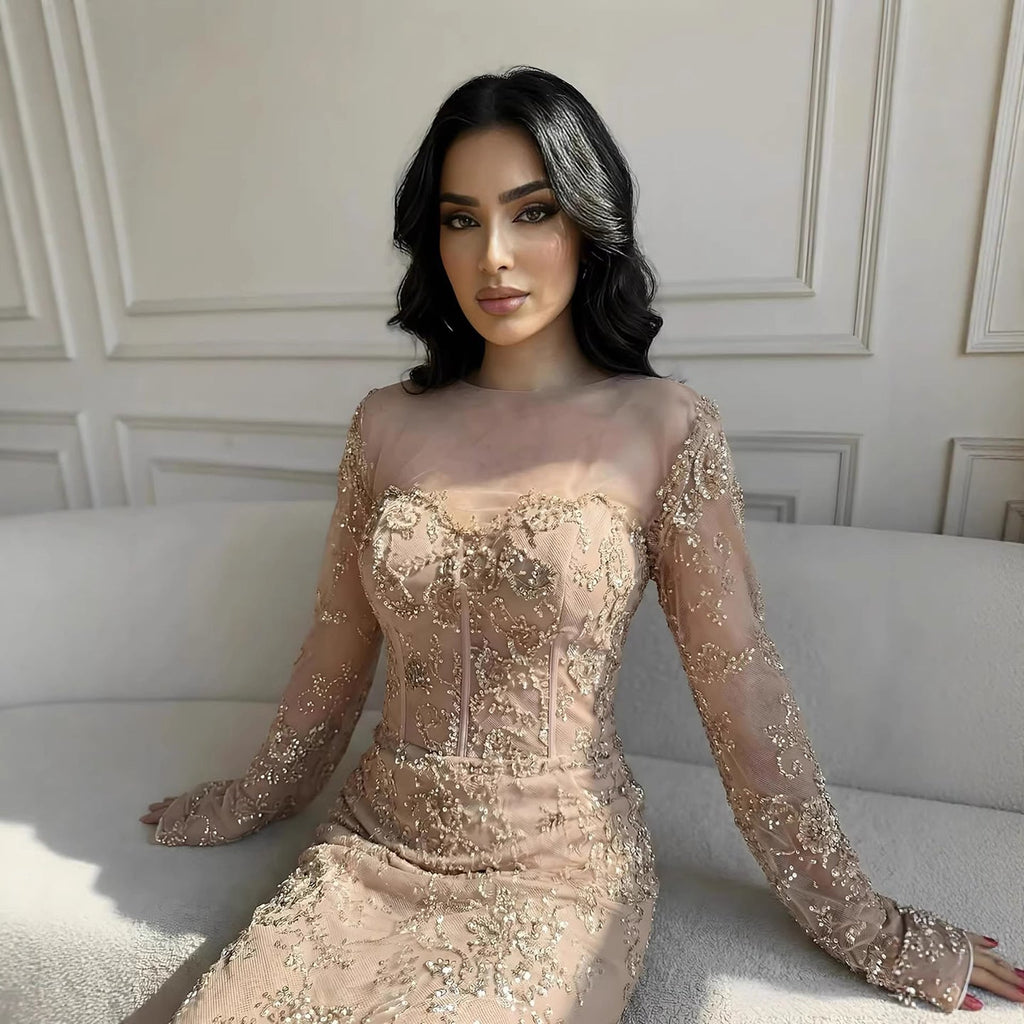 Luxury Arabic Lace Beaded Mermaid Evening Dress with Sleeves
