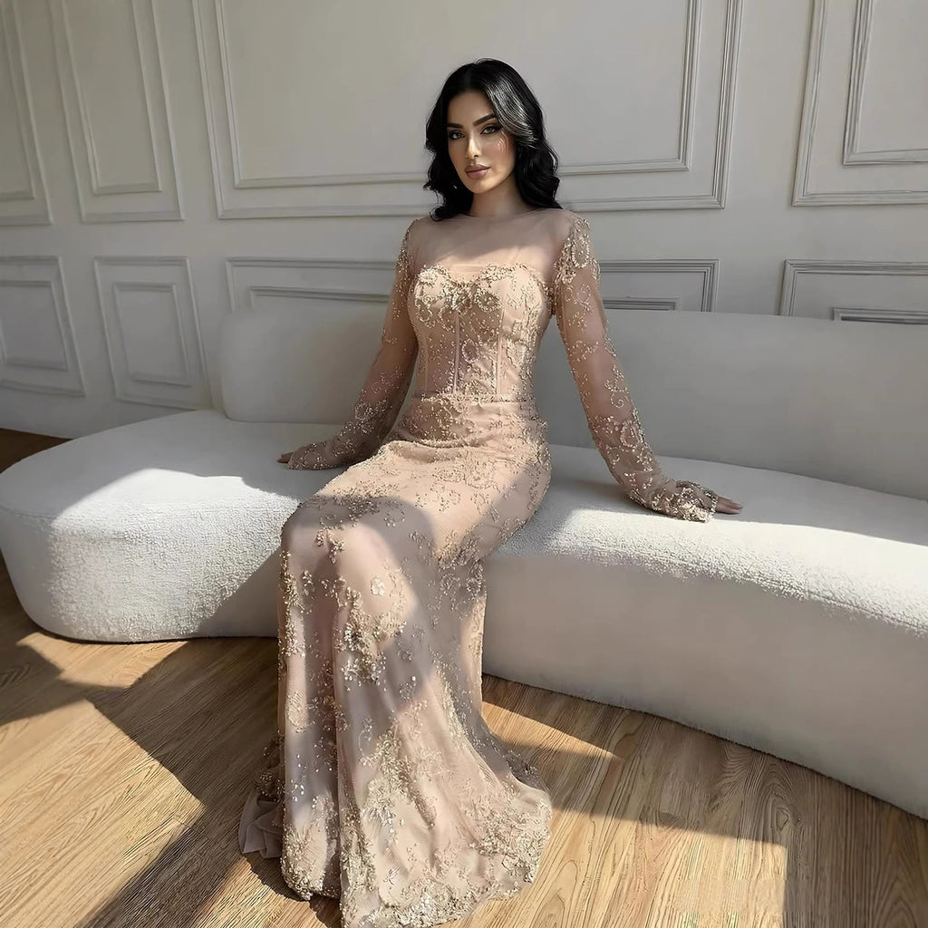 Luxury Arabic Lace Beaded Mermaid Evening Dress with Sleeves