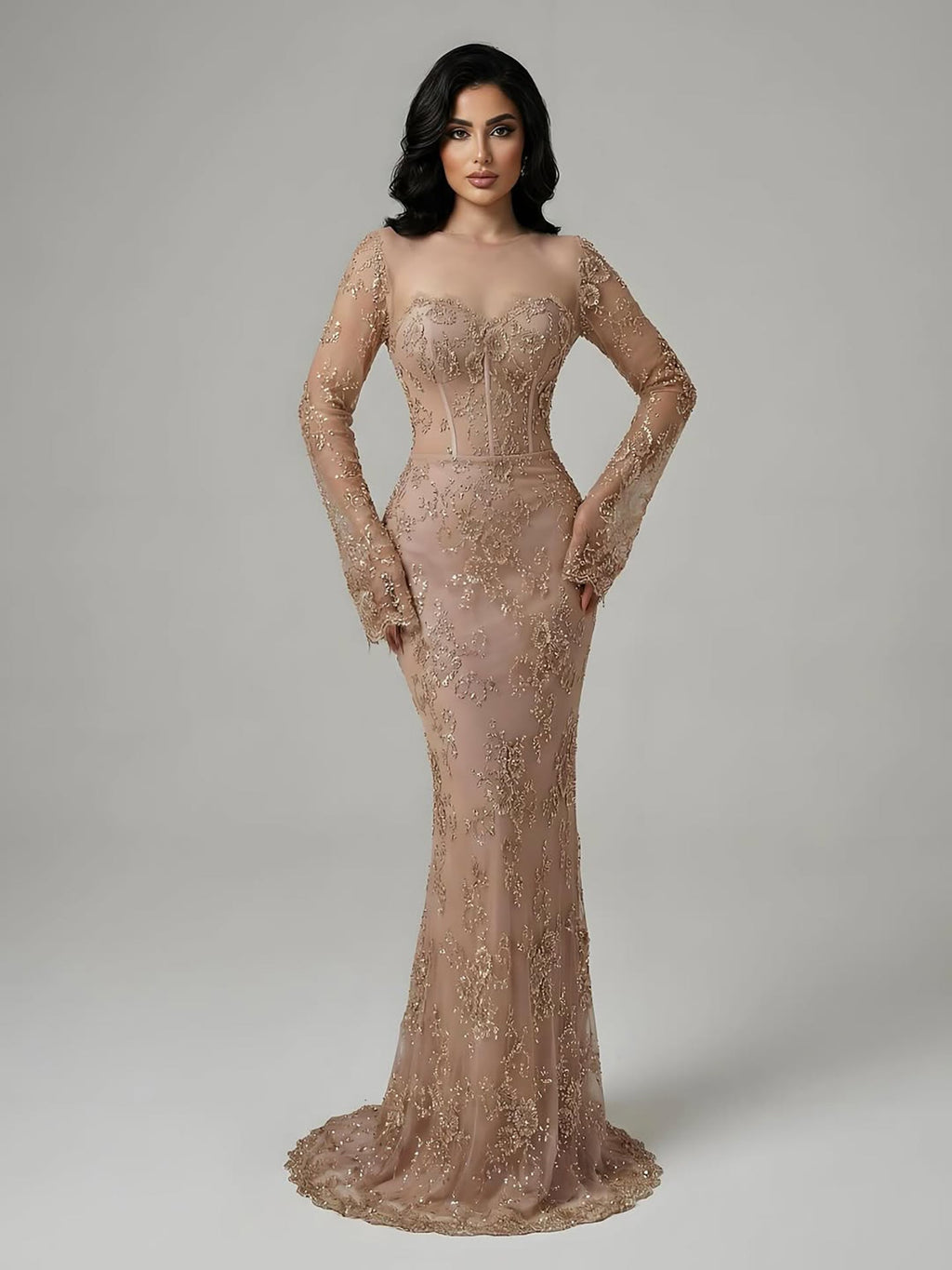 Luxury Arabic Lace Beaded Mermaid Evening Dress with Sleeves