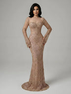 Luxury Arabic Lace Beaded Mermaid Evening Dress with Sleeves