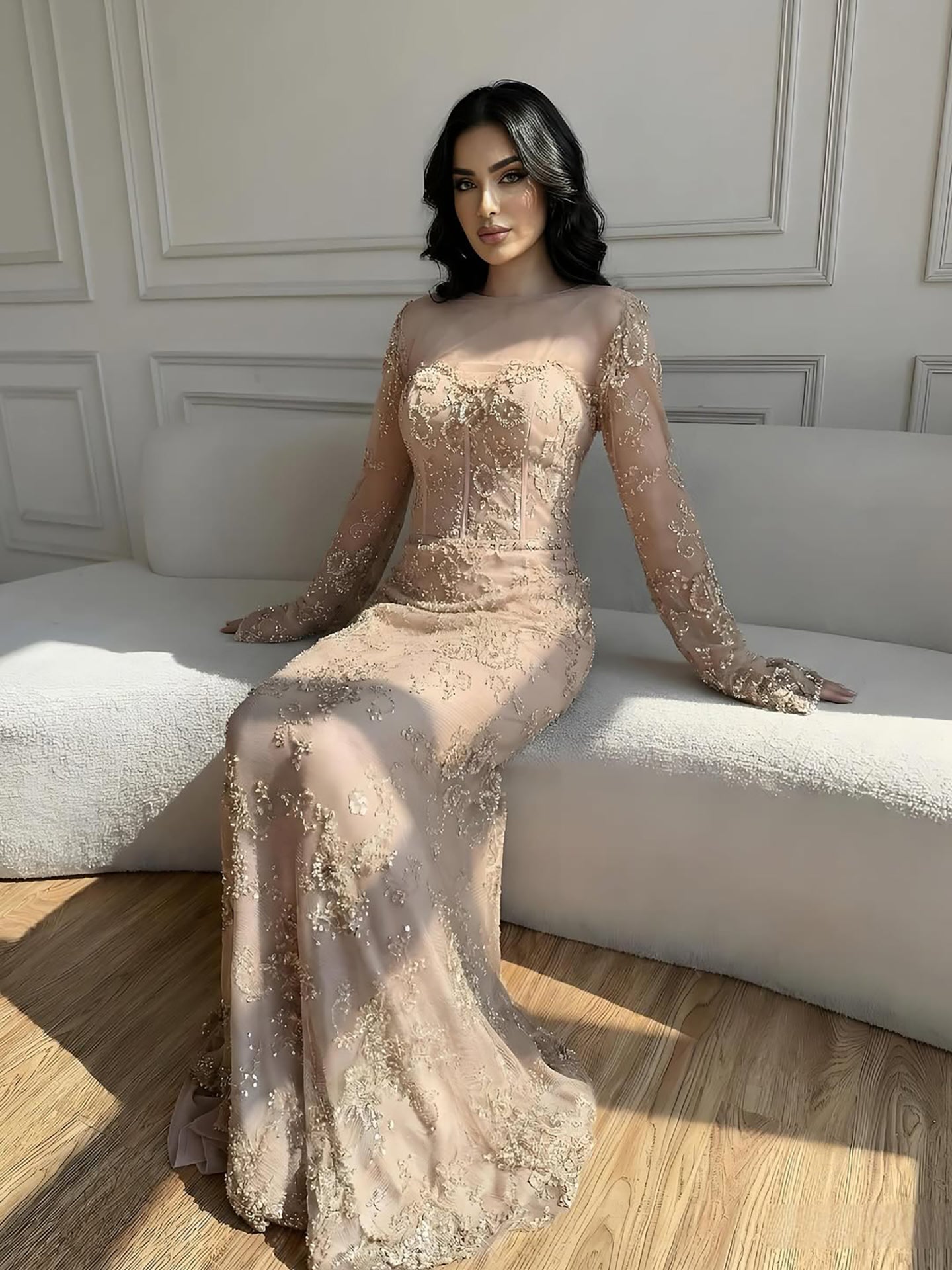 Luxury Arabic Lace Beaded Mermaid Evening Dress with Sleeves