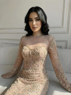 Luxury Arabic Lace Beaded Mermaid Evening Dress with Sleeves