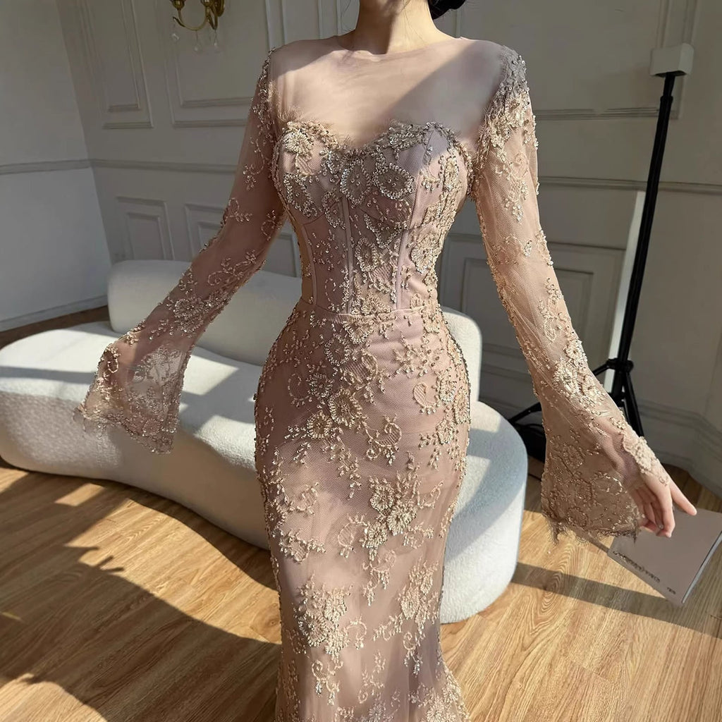Luxury Arabic Lace Beaded Mermaid Evening Dress with Sleeves