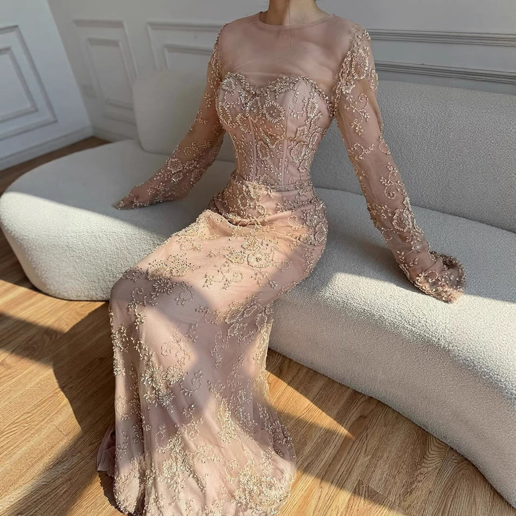 Luxury Arabic Lace Beaded Mermaid Evening Dress with Sleeves