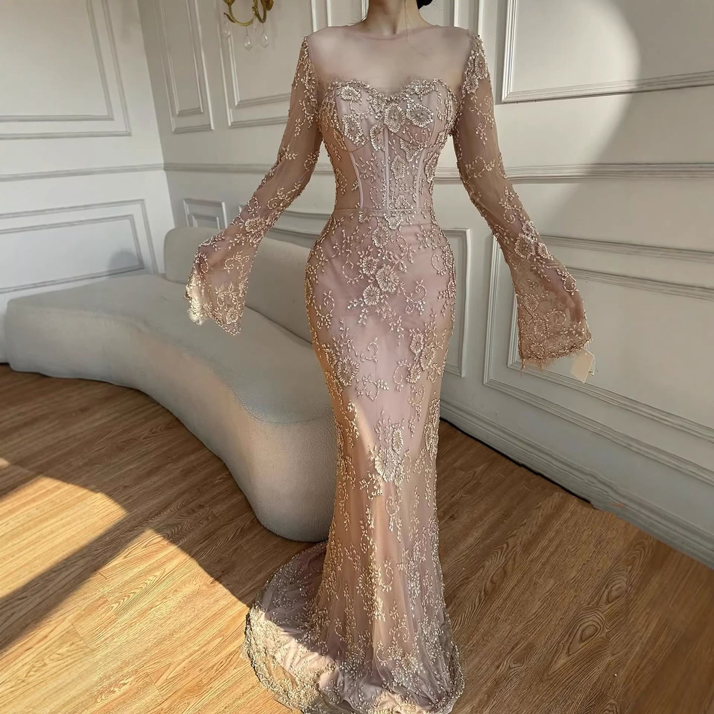Luxury Arabic Lace Beaded Mermaid Evening Dress with Sleeves