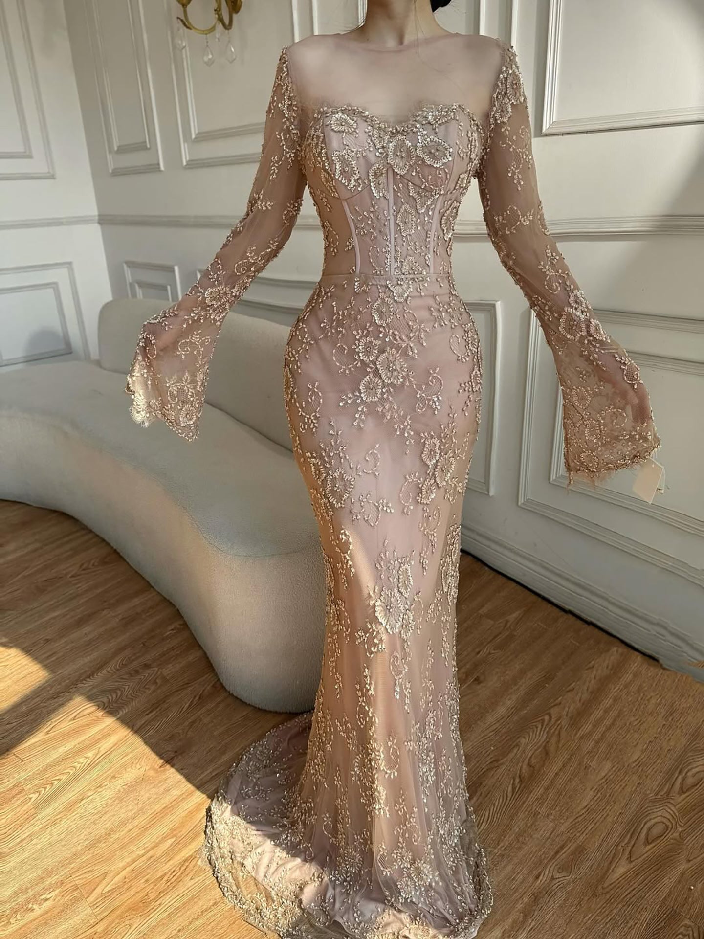 Luxury Arabic Lace Beaded Mermaid Evening Dress with Sleeves