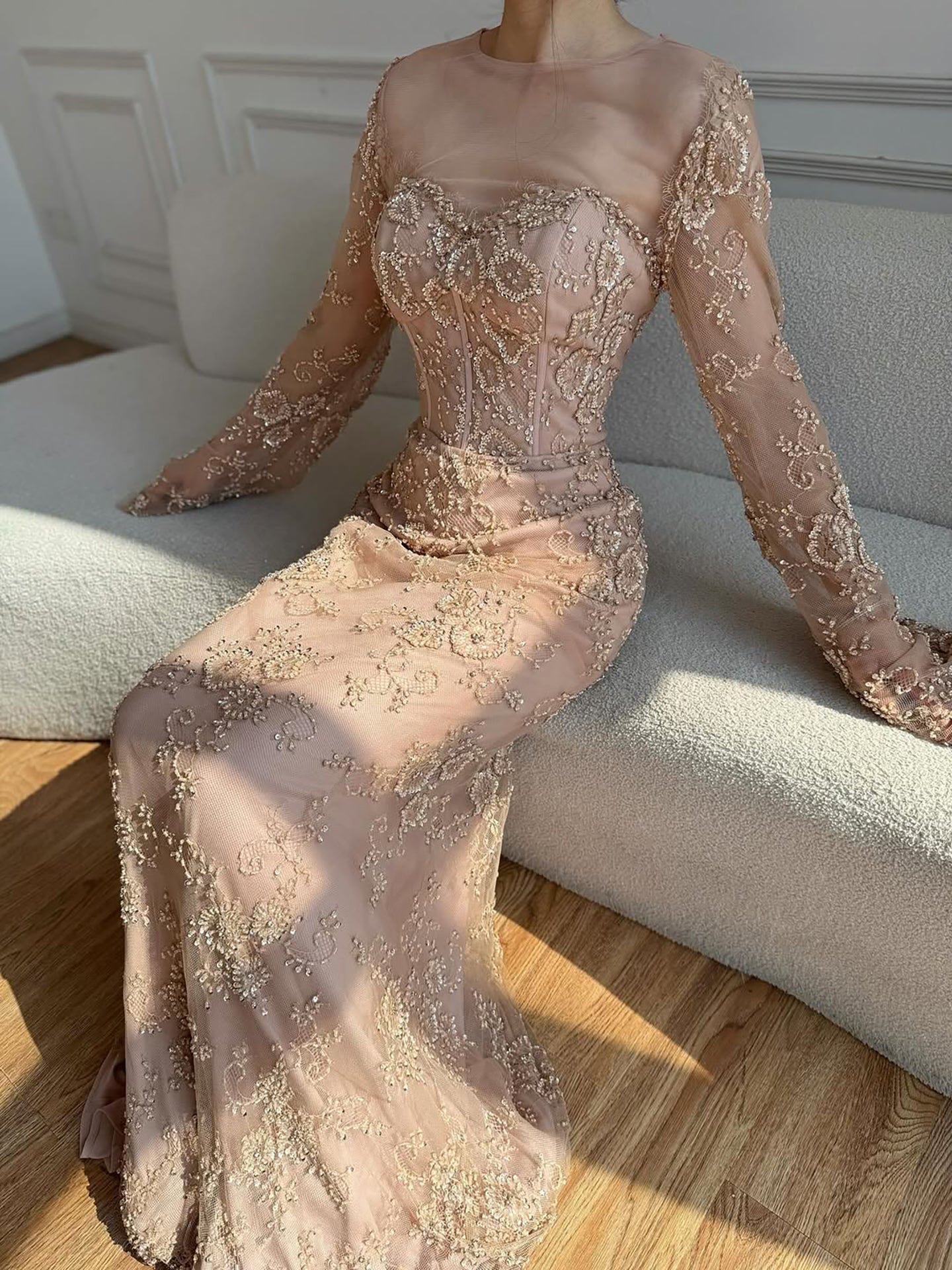 Luxury Arabic Lace Beaded Mermaid Evening Dress with Sleeves