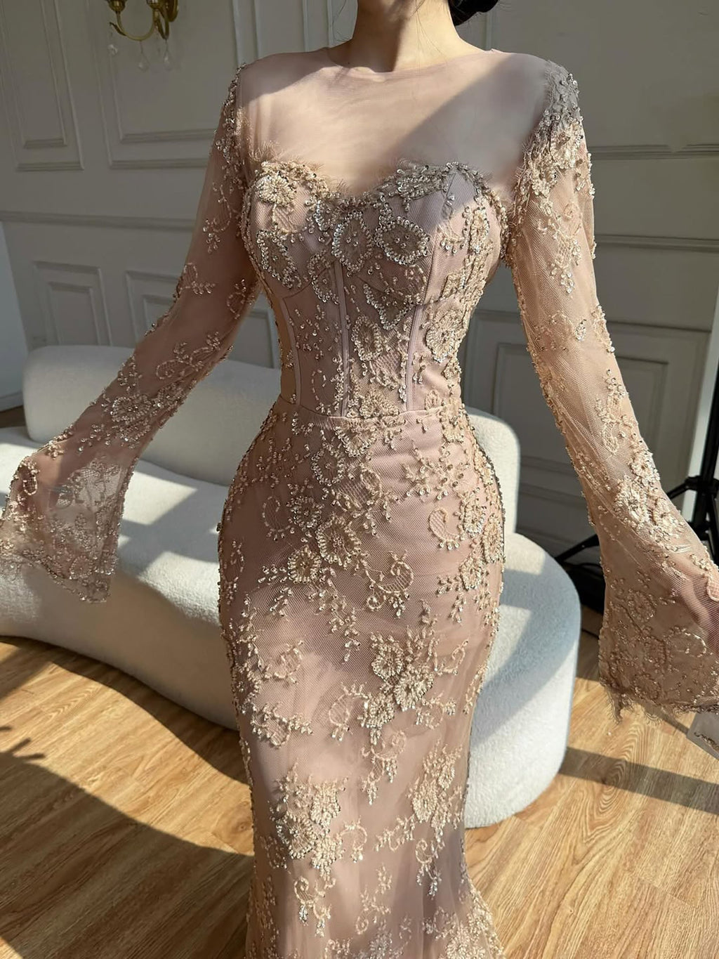 Luxury Arabic Lace Beaded Mermaid Evening Dress with Sleeves