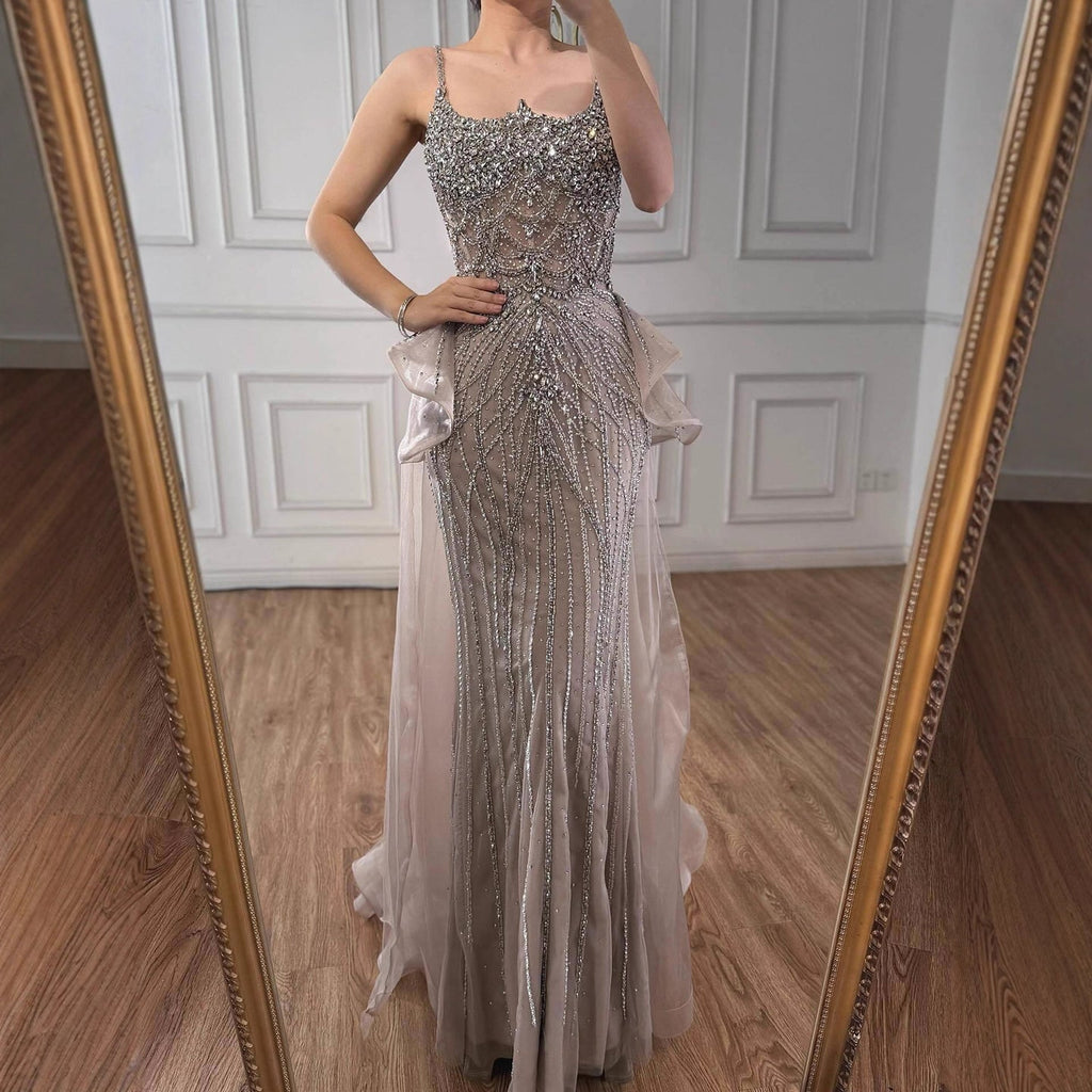 Luxury Caramel Crystal Beaded Spaghetti Strap Mermaid Evening Dress