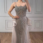 Luxury Caramel Crystal Beaded Spaghetti Strap Mermaid Evening Dress