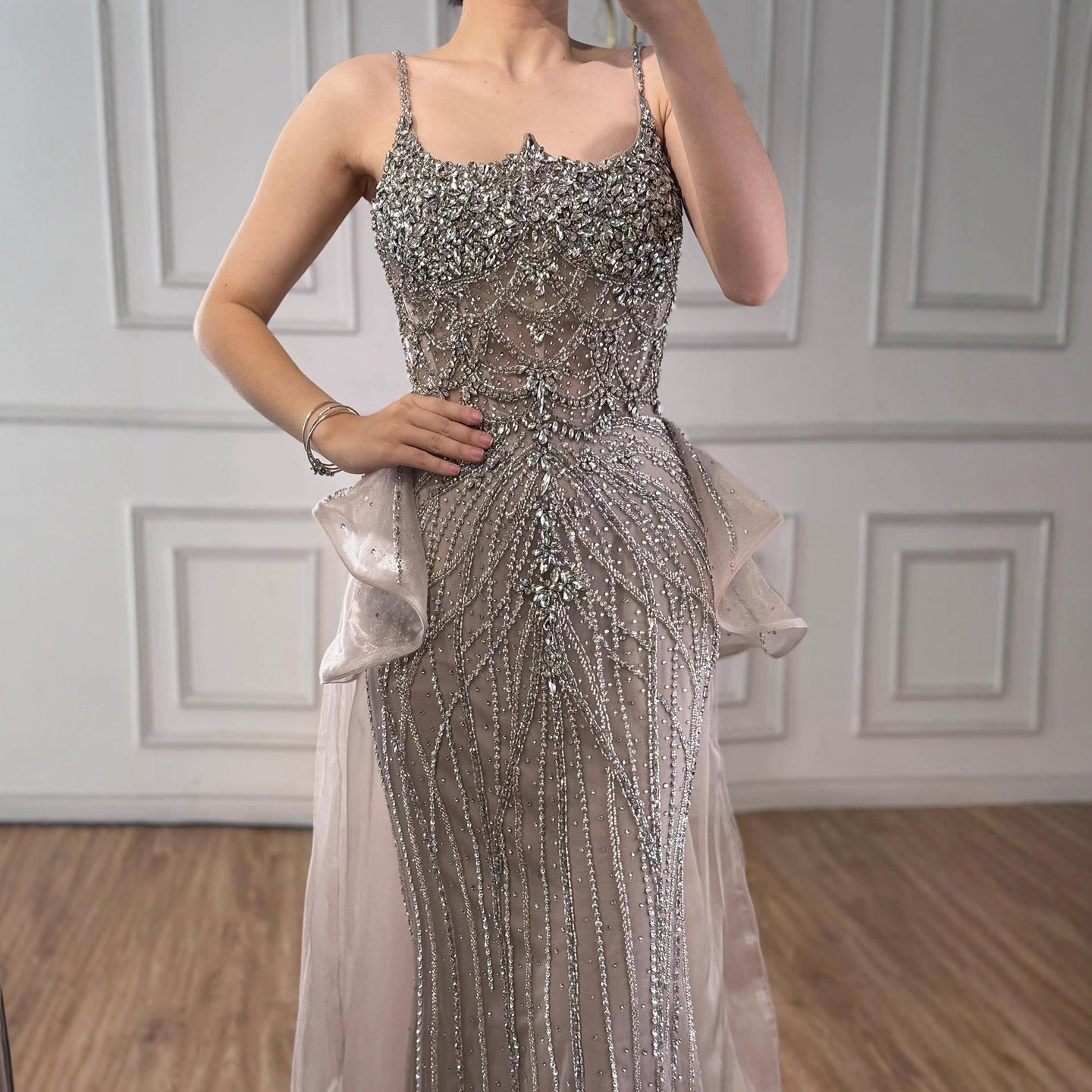 Luxury Caramel Crystal Beaded Spaghetti Strap Mermaid Evening Dress