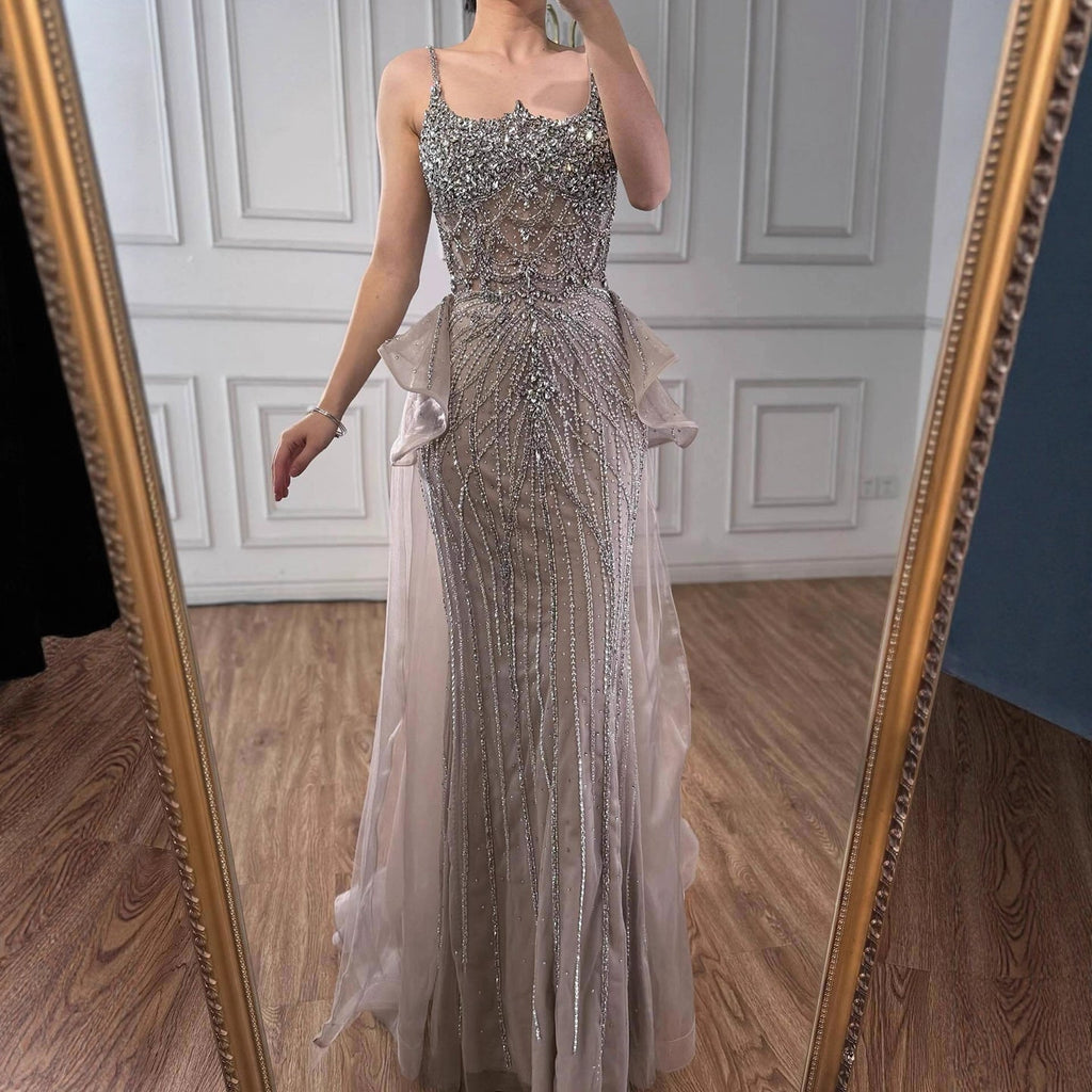 Luxury Caramel Crystal Beaded Spaghetti Strap Mermaid Evening Dress