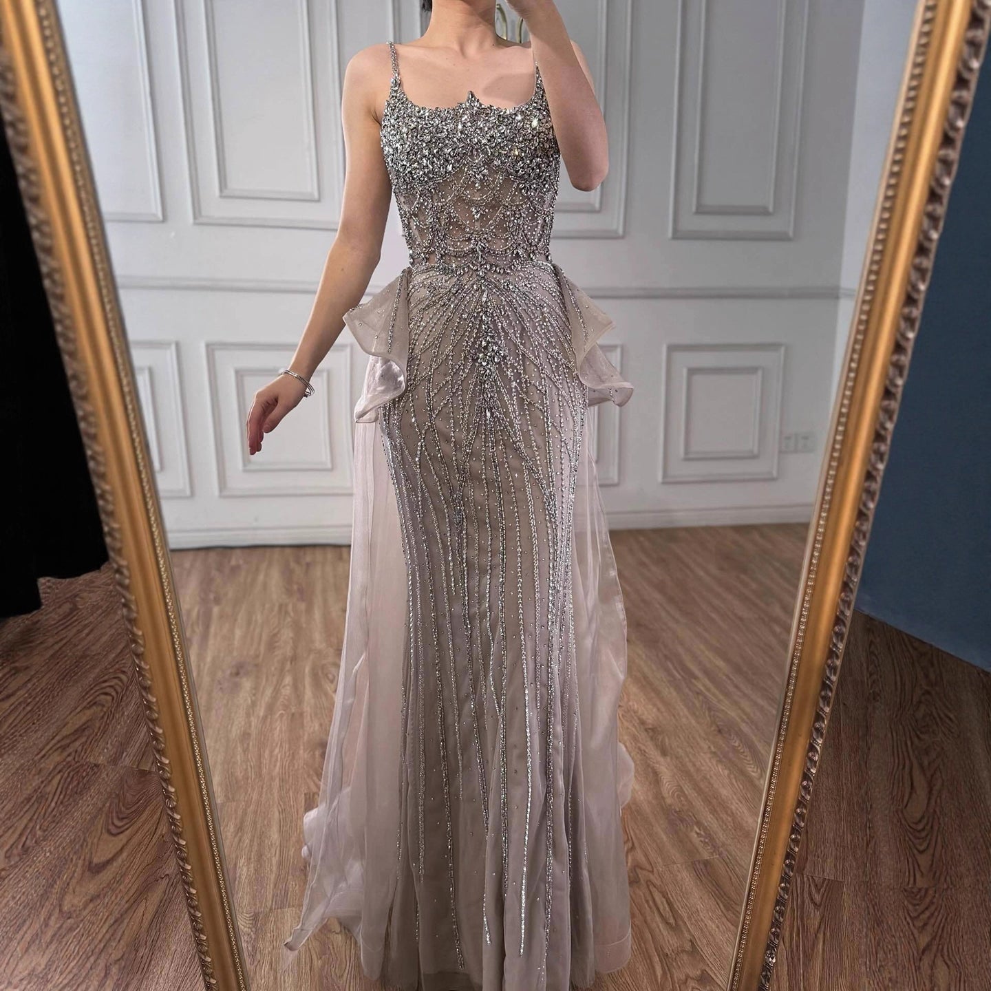 Luxury Caramel Crystal Beaded Spaghetti Strap Mermaid Evening Dress