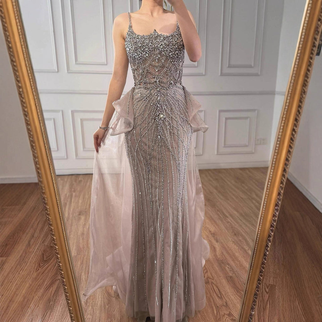 Luxury Caramel Crystal Beaded Spaghetti Strap Mermaid Evening Dress