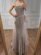 Luxury Caramel Crystal Beaded Spaghetti Strap Mermaid Evening Dress