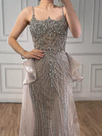 Luxury Caramel Crystal Beaded Spaghetti Strap Mermaid Evening Dress