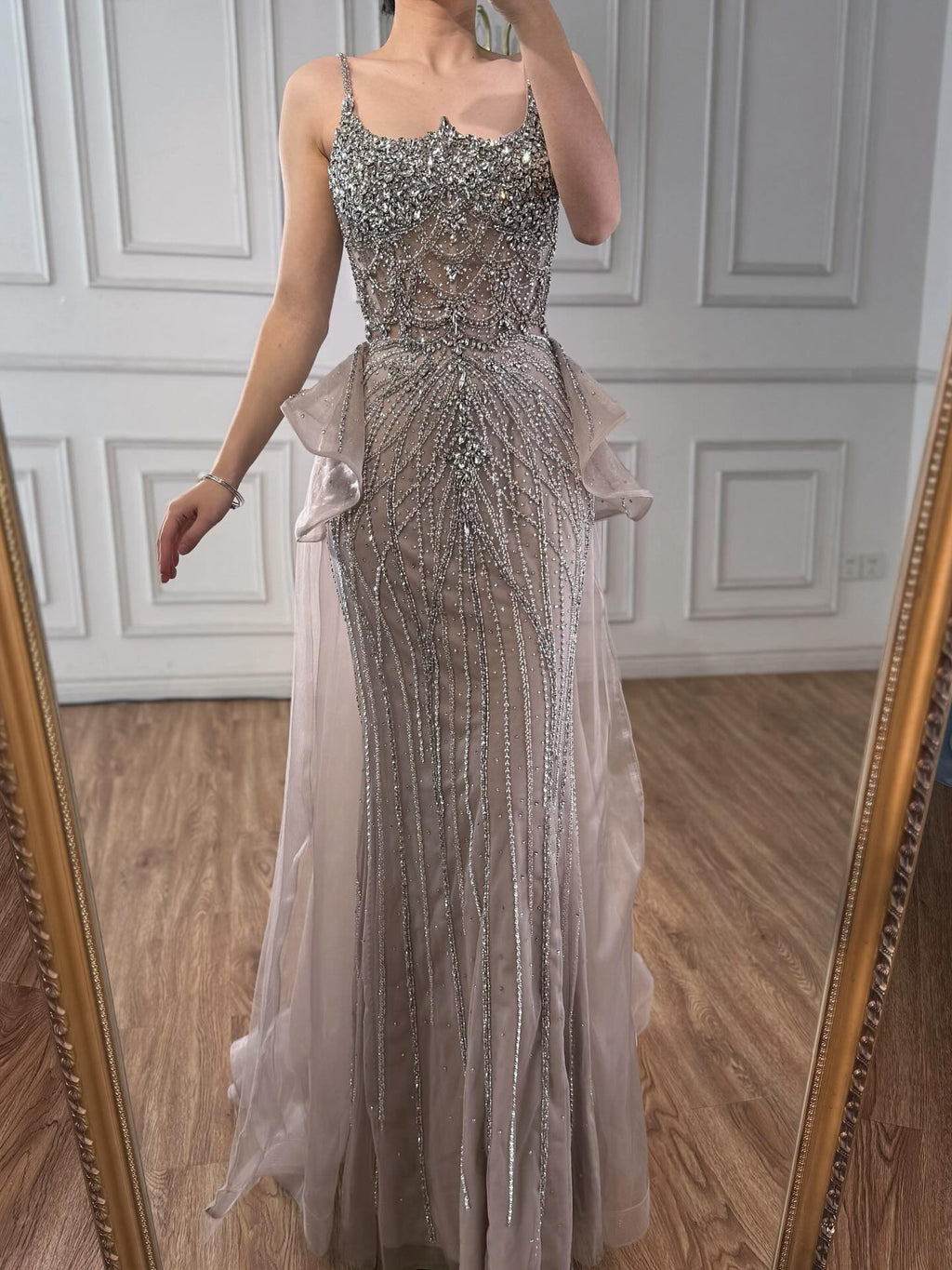 Luxury Caramel Crystal Beaded Spaghetti Strap Mermaid Evening Dress