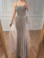 Luxury Caramel Crystal Beaded Spaghetti Strap Mermaid Evening Dress