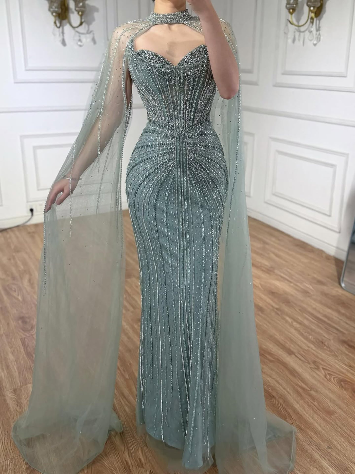 Luxury Dubai Caramel Beaded Evening Dress With Cape LA72811C