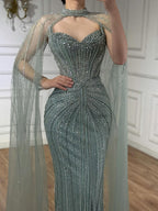 Luxury Dubai Caramel Beaded Evening Dress With Cape LA72811C