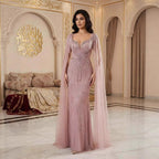 Luxury Caramel Beaded Evening Dress With Cape LA72992A