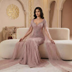 Luxury Caramel Beaded Evening Dress With Cape LA72992A