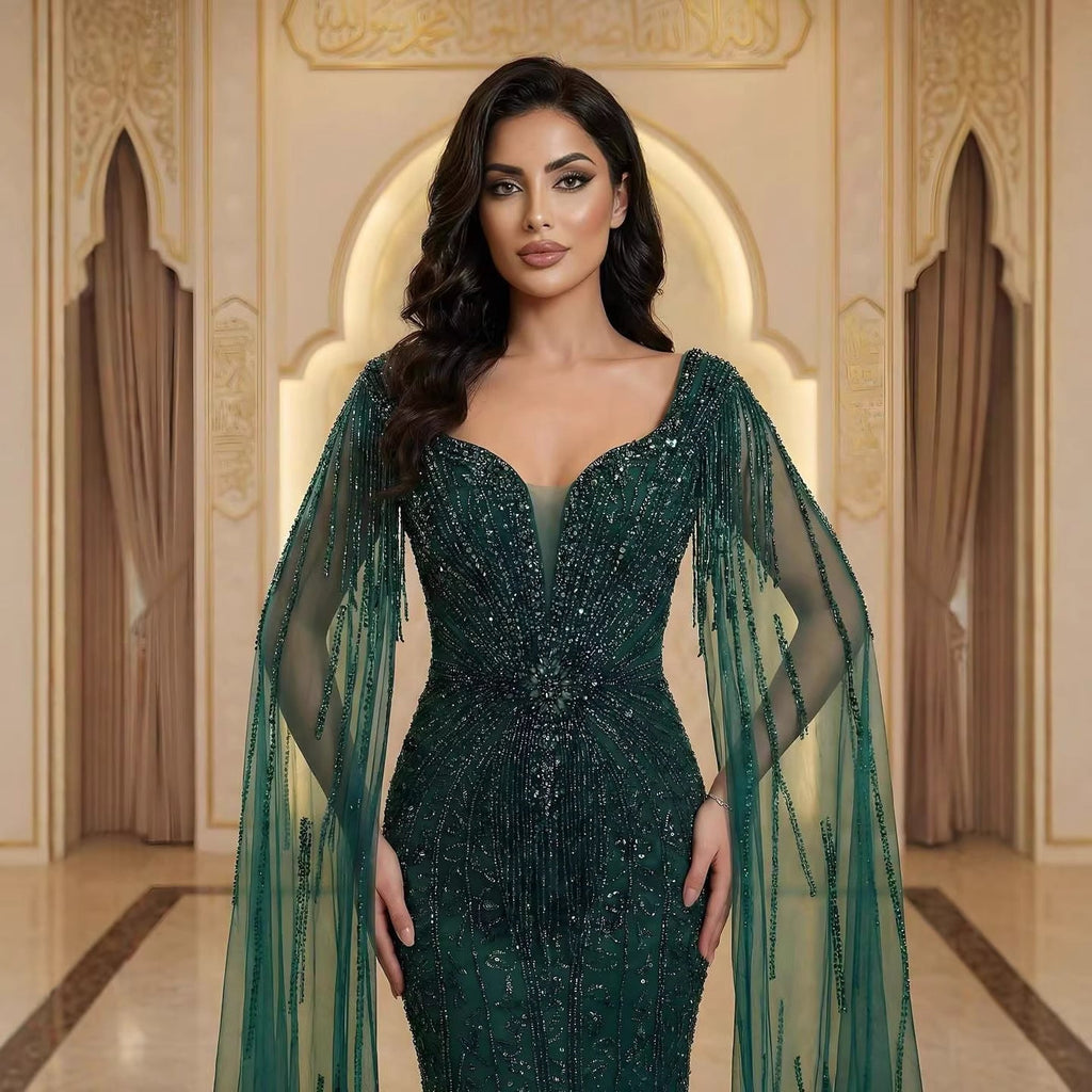 Luxury Caramel Beaded Evening Dress With Cape LA72992A