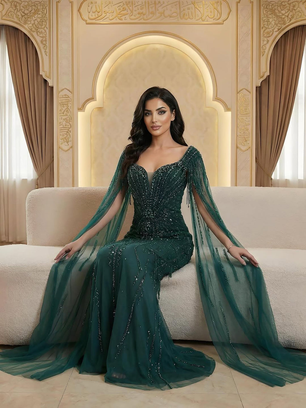 Luxury Caramel Beaded Evening Dress With Cape LA72992A