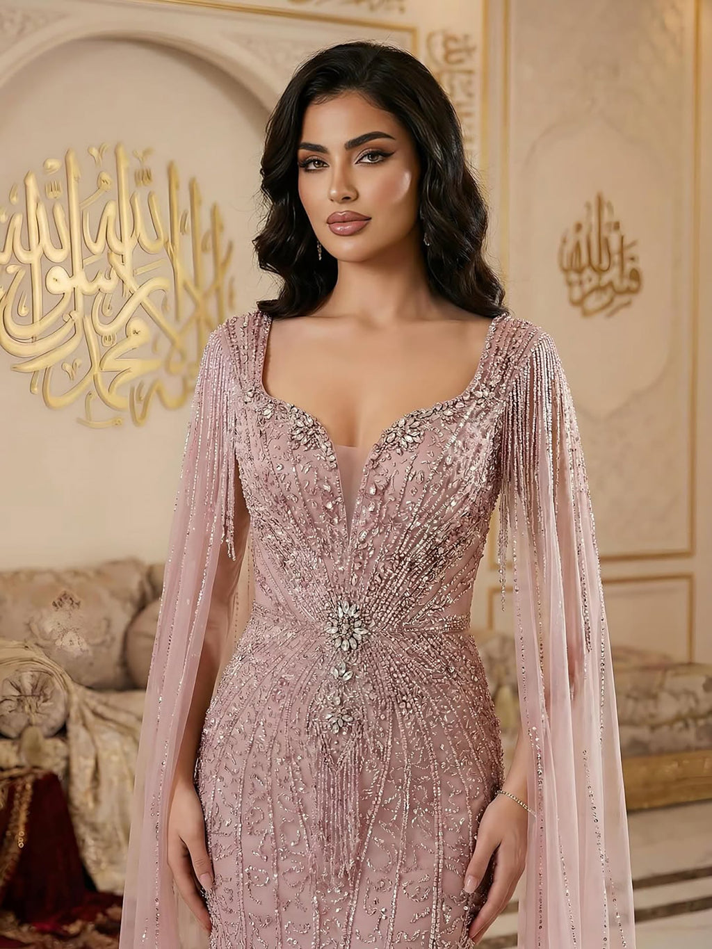 Luxury Caramel Beaded Evening Dress With Cape LA72992A