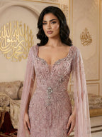 Luxury Caramel Beaded Evening Dress With Cape LA72992A