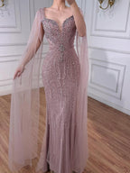Luxury Caramel Beaded Evening Dress With Cape LA72992A