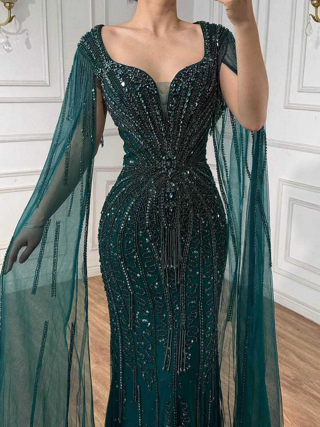 Luxury Caramel Beaded Evening Dress With Cape LA72992A