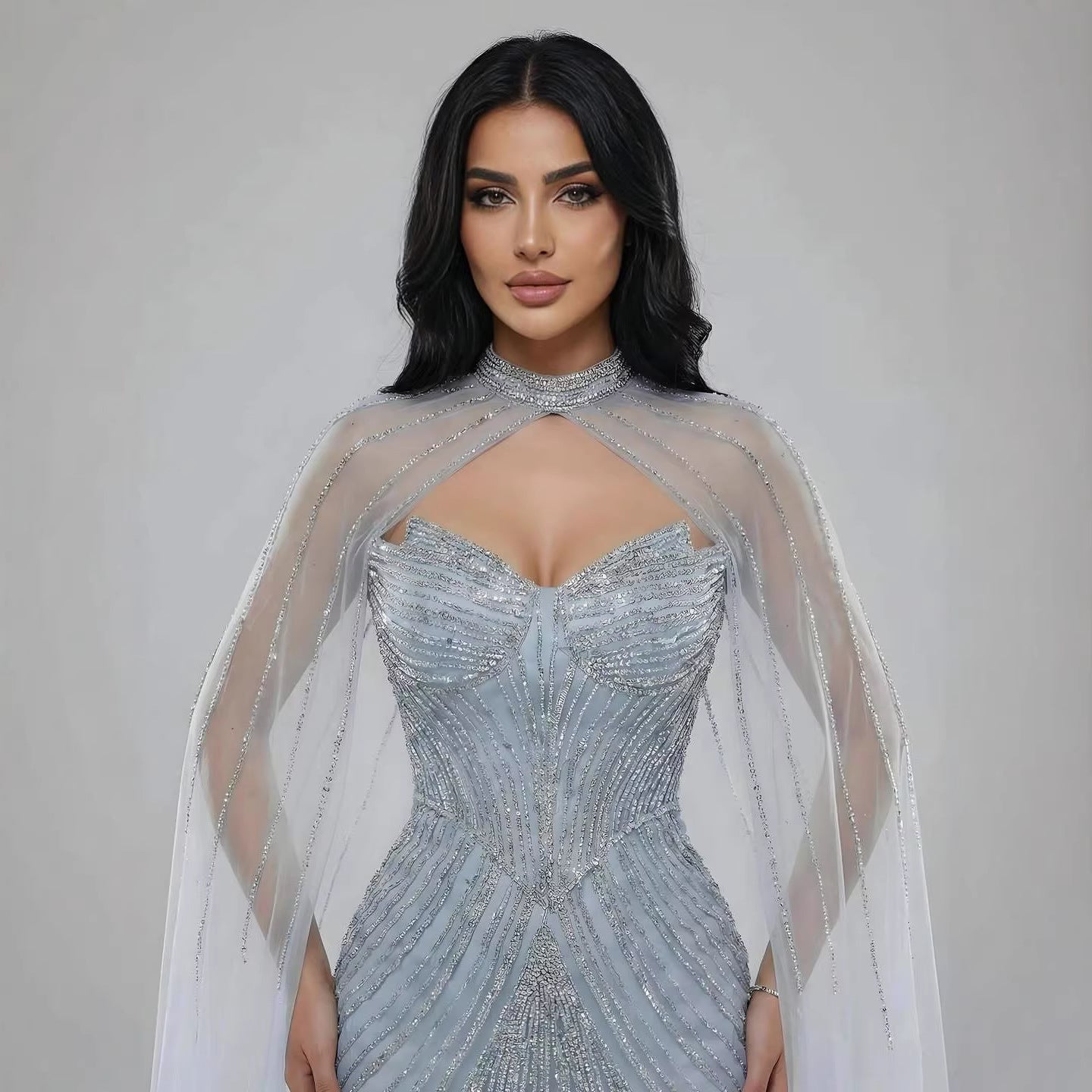 Luxury Nude Mermaid Evening Dress with Cape Sleeves