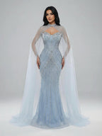 Luxury Nude Mermaid Evening Dress with Cape Sleeves