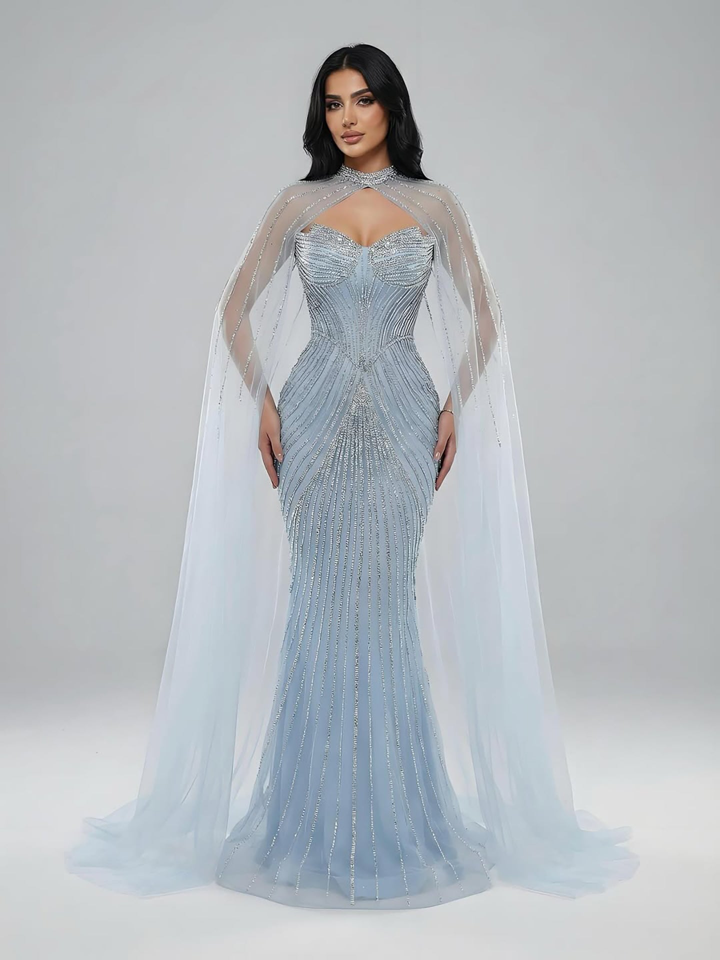 Luxury Nude Mermaid Evening Dress with Cape Sleeves