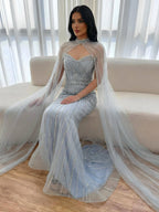 Luxury Nude Mermaid Evening Dress with Cape Sleeves