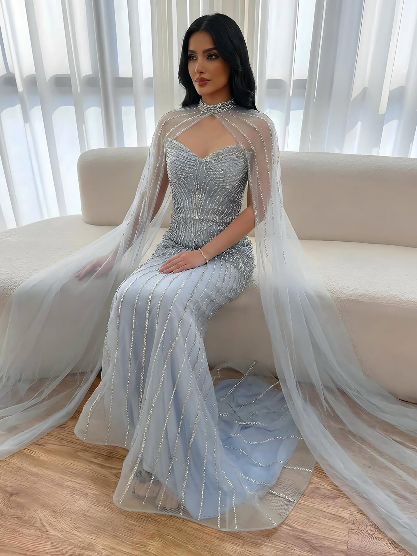 Luxury Nude Mermaid Evening Dress with Cape Sleeves
