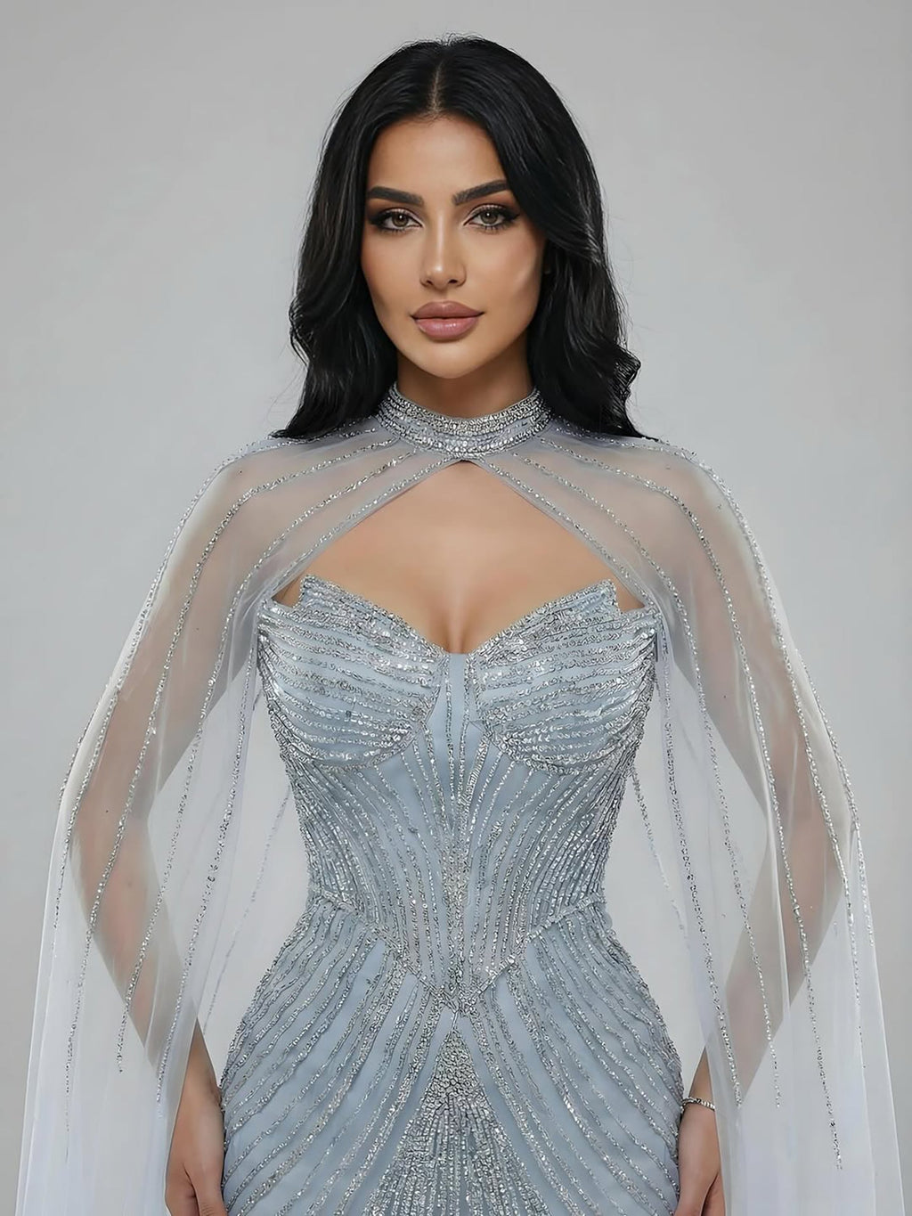 Luxury Nude Mermaid Evening Dress with Cape Sleeves