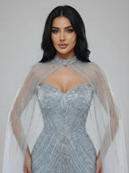 Luxury Nude Mermaid Evening Dress with Cape Sleeves