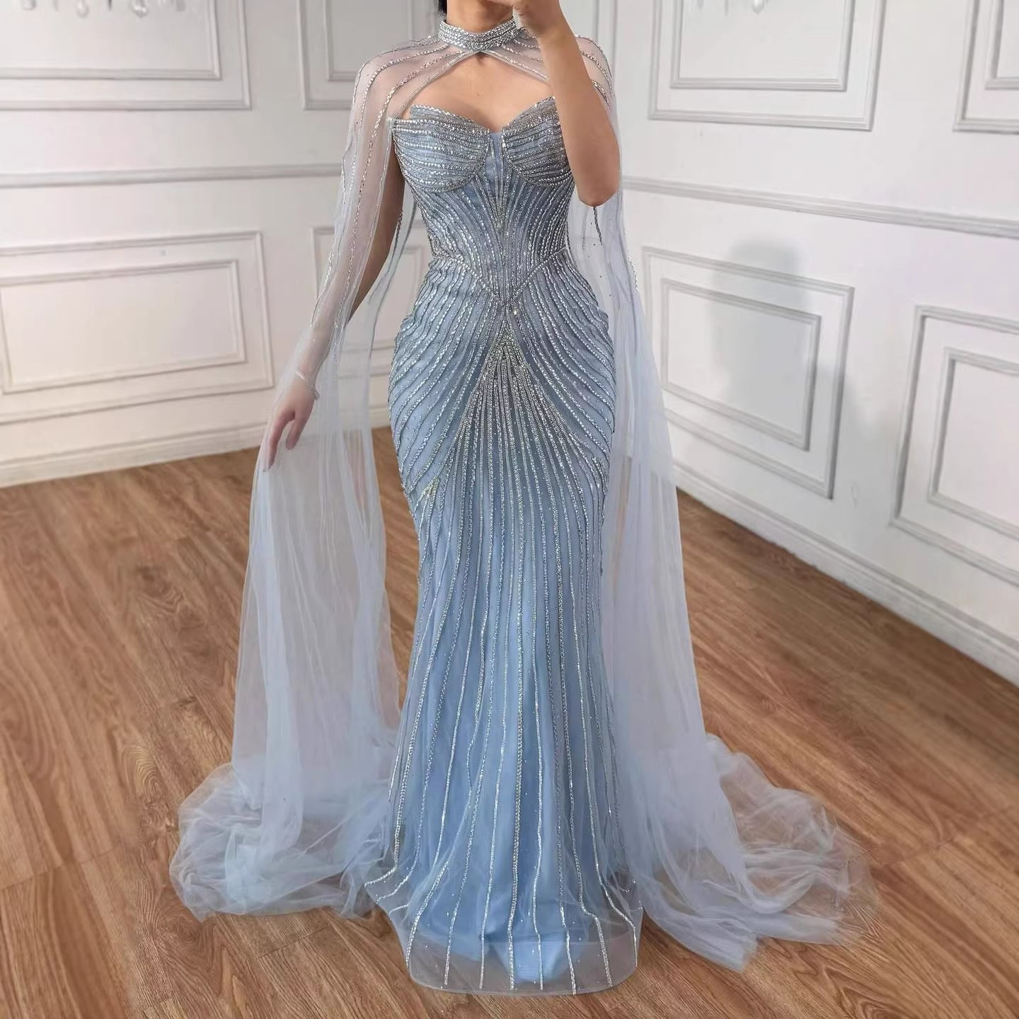 Luxury Nude Mermaid Evening Dress with Cape Sleeves