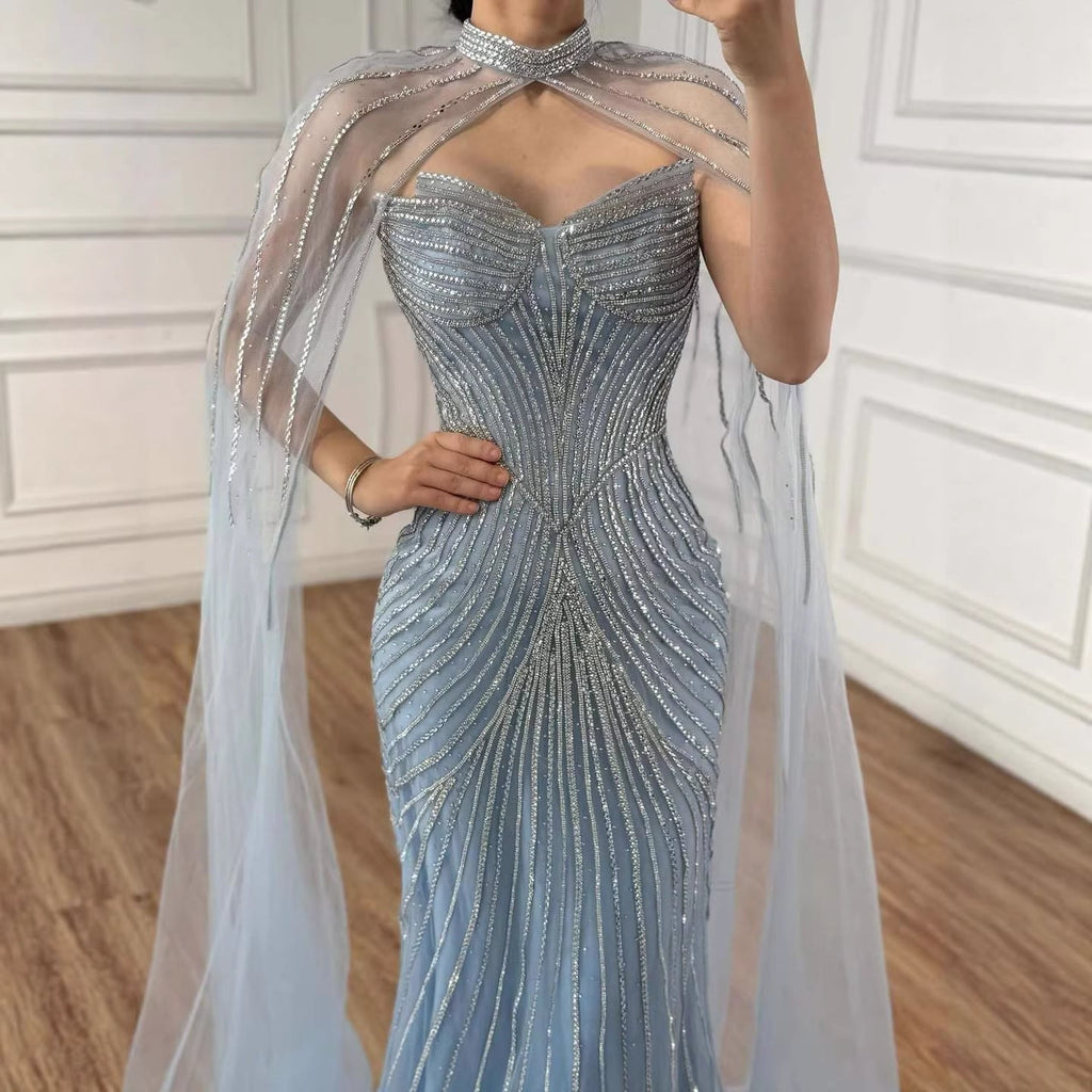 Luxury Nude Mermaid Evening Dress with Cape Sleeves