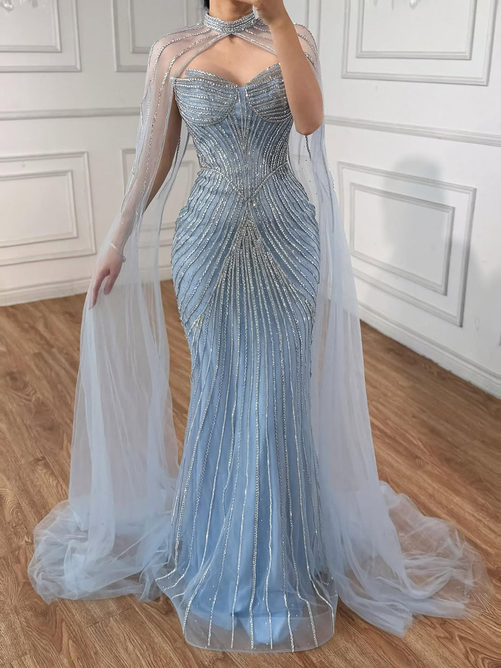 Luxury Nude Mermaid Evening Dress with Cape Sleeves