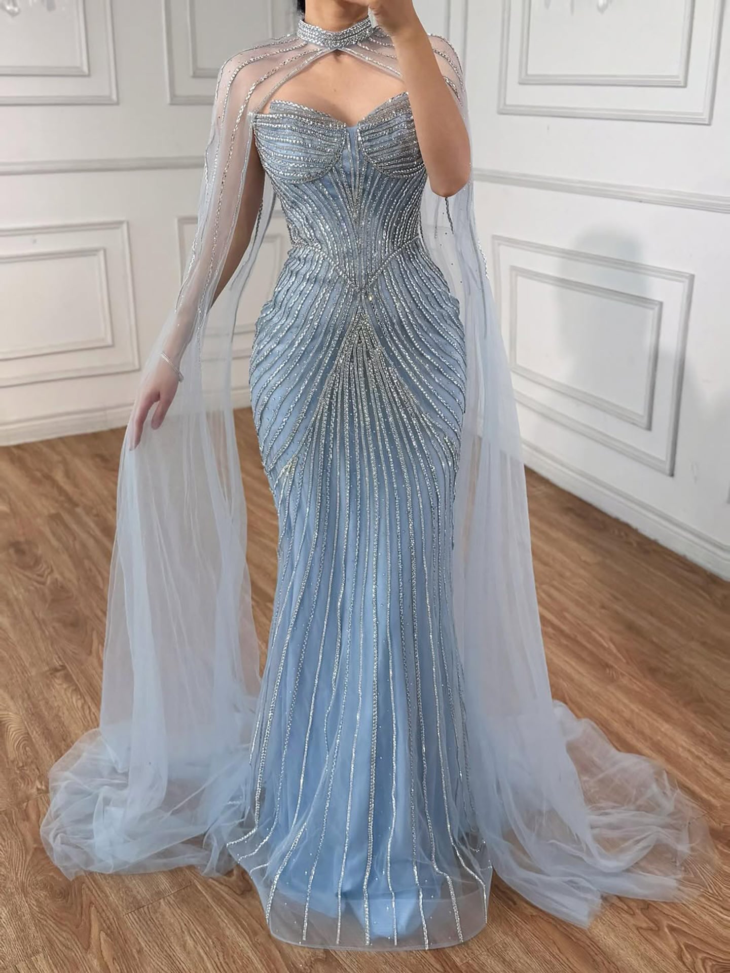 Luxury Nude Mermaid Evening Dress with Cape Sleeves