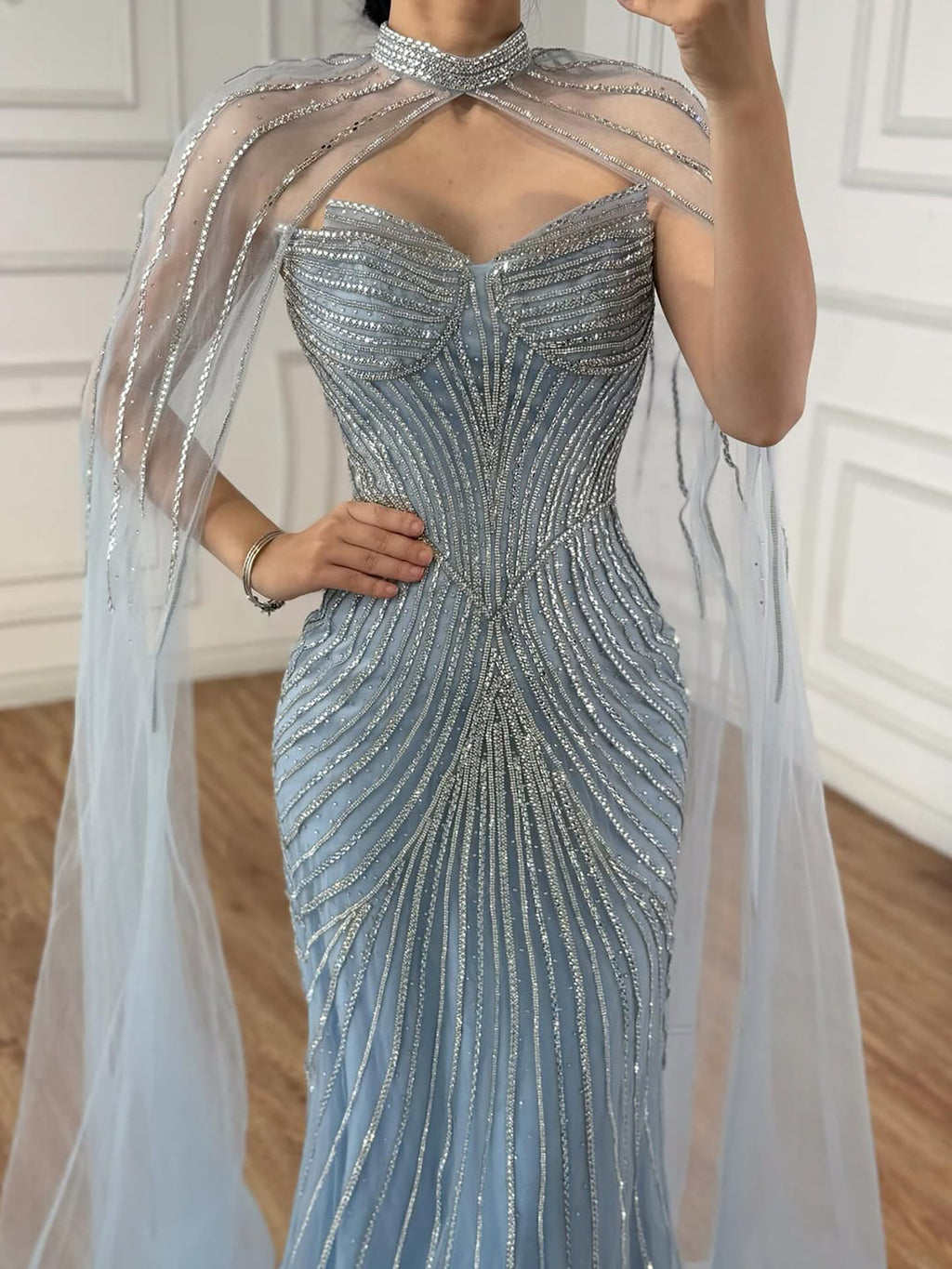 Luxury Nude Mermaid Evening Dress with Cape Sleeves