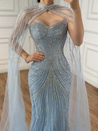 Luxury Nude Mermaid Evening Dress with Cape Sleeves